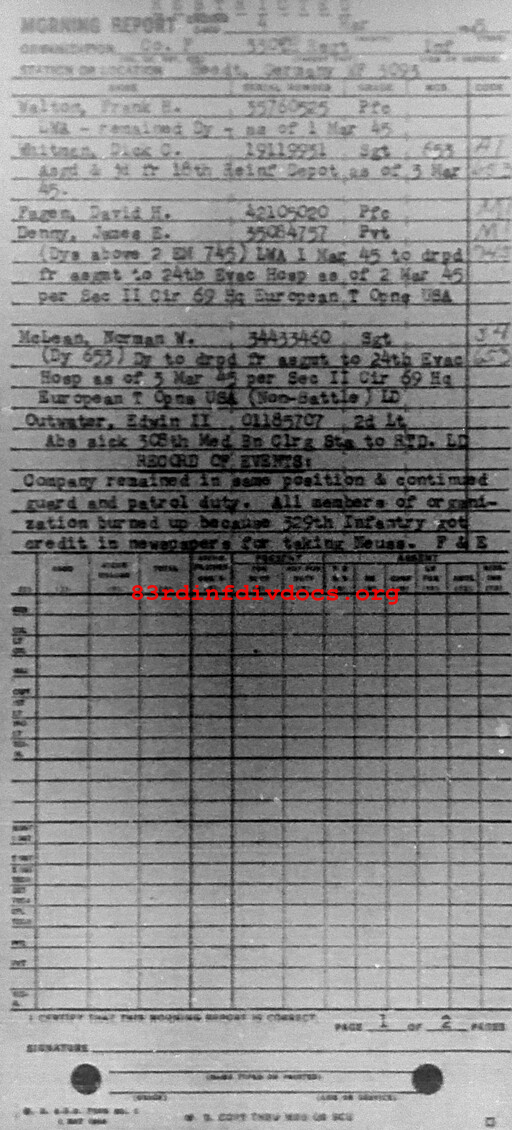 Morning report F Co, 1945-03-04, page 1 Morning report