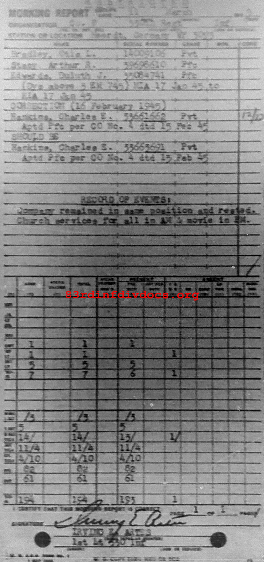 Morning report F Co, 1945-03-11, page 1 Morning report