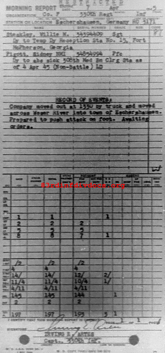 Morning report F Co, 1945-04-07, page 1 Morning report