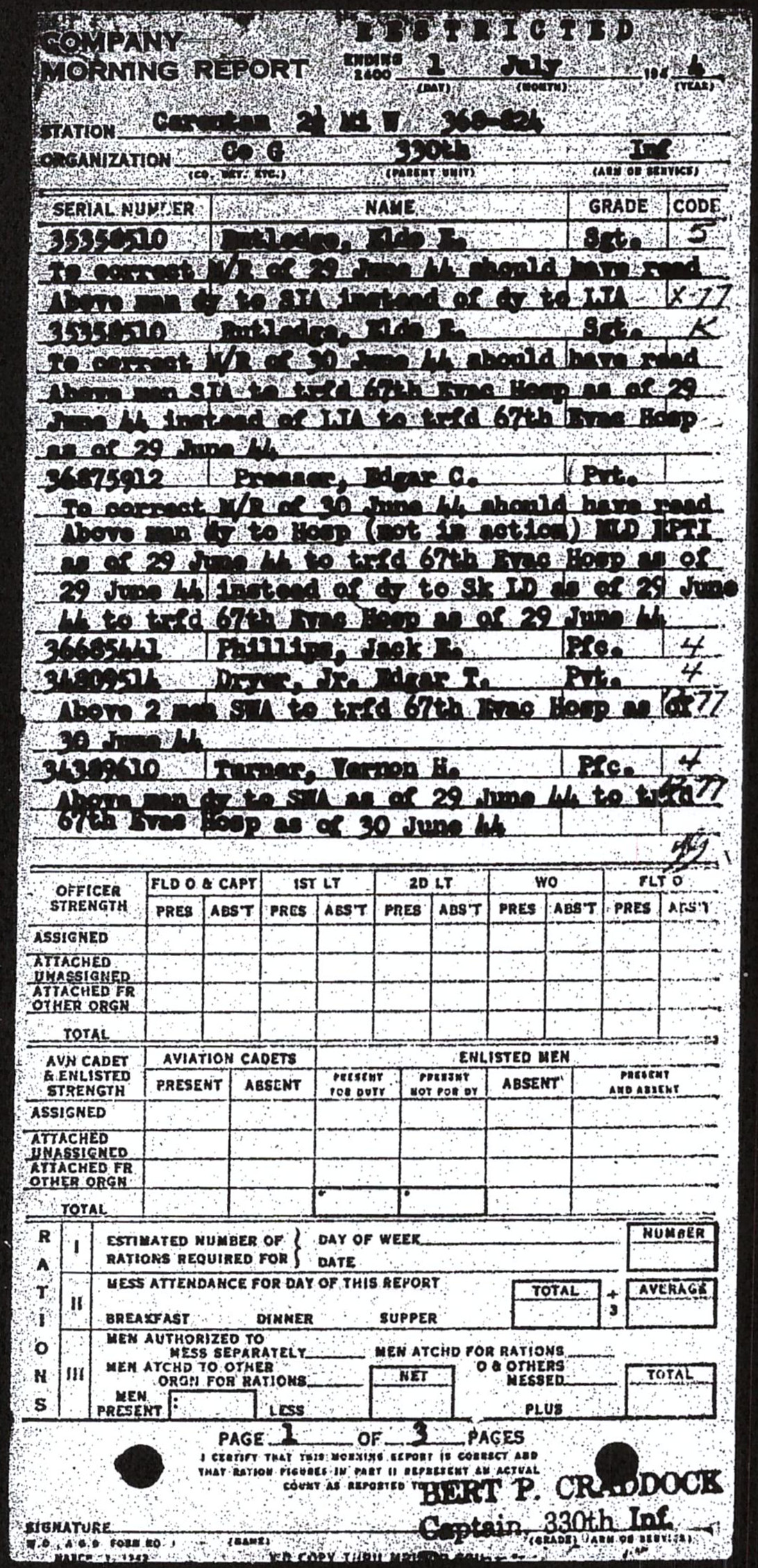 Morning report G Co, 1944-07-01, page 1 Morning report