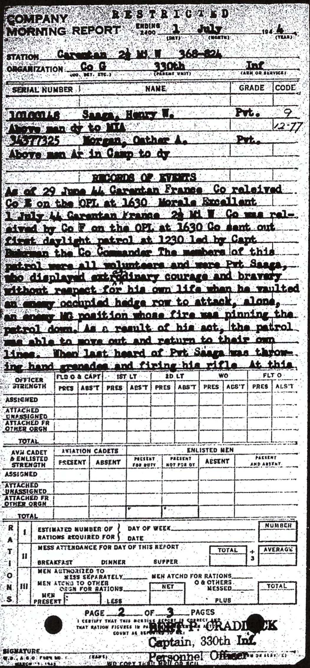 Morning report G Co, 1944-07-01, page 2 Morning report
