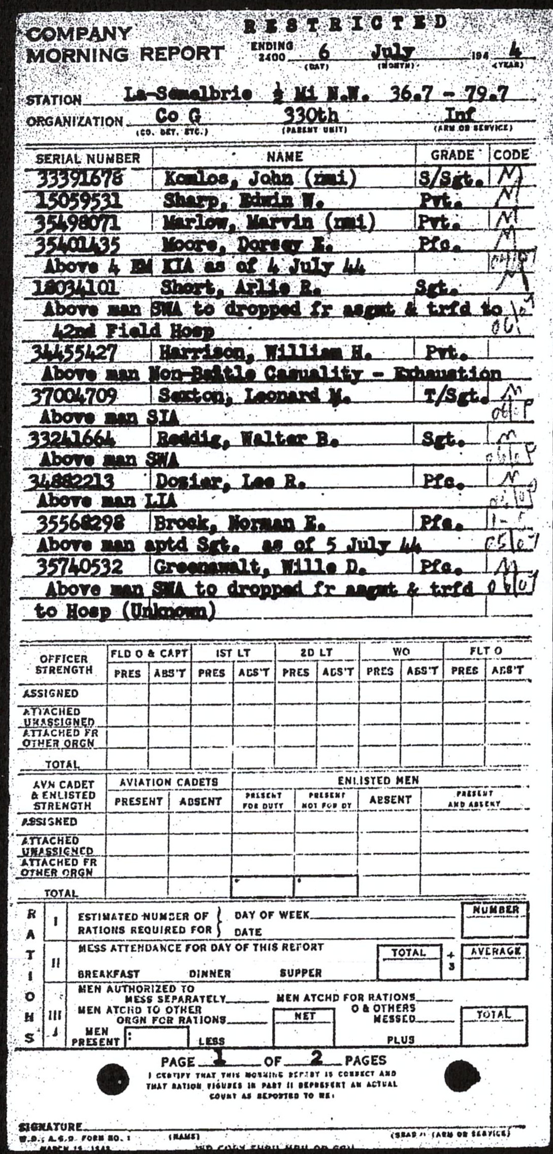 Morning report G Co, 1944-07-06, page 1 Morning report