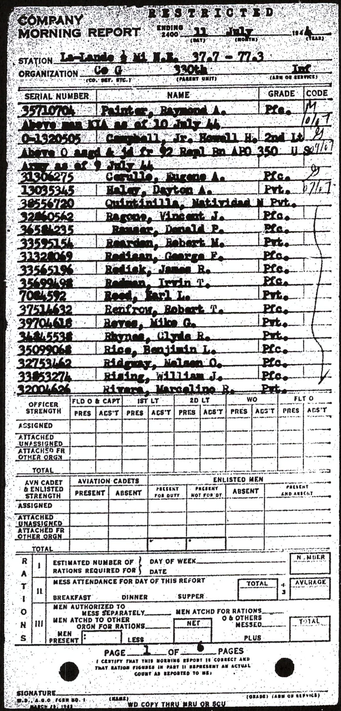 Morning report G Co, 1944-07-11, page 1 Morning report