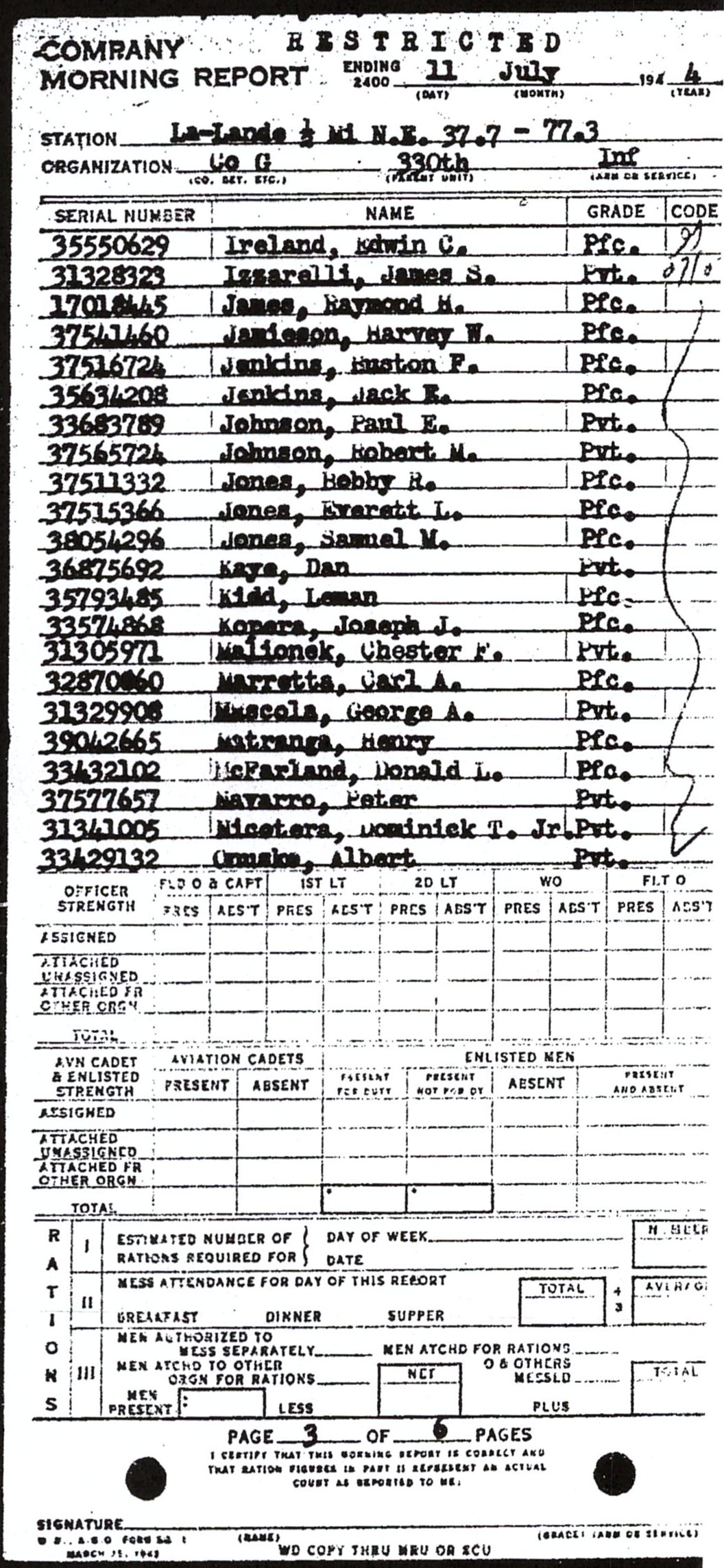 Morning report G Co, 1944-07-11, page 3 Morning report
