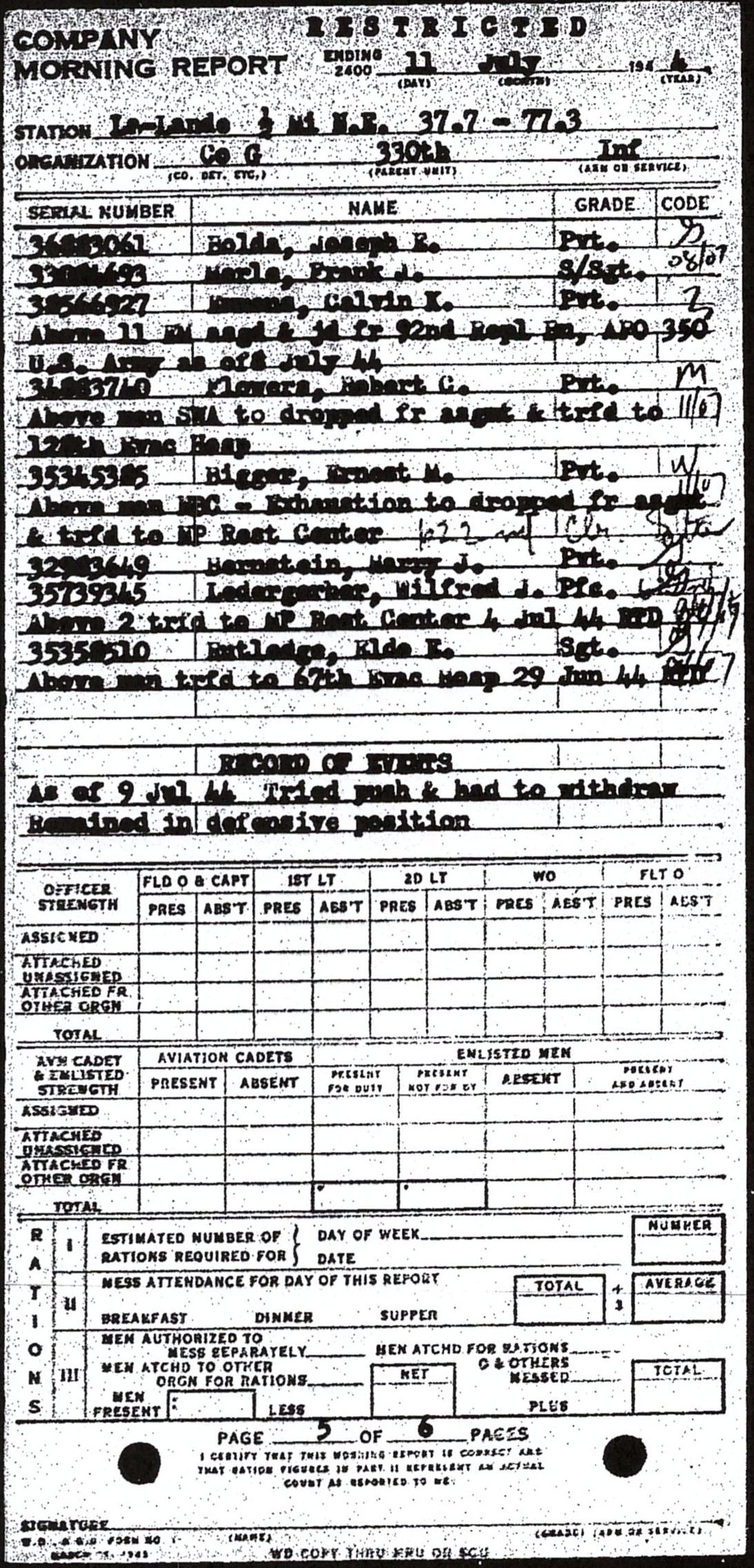 Morning report G Co, 1944-07-11, page 5 Morning report