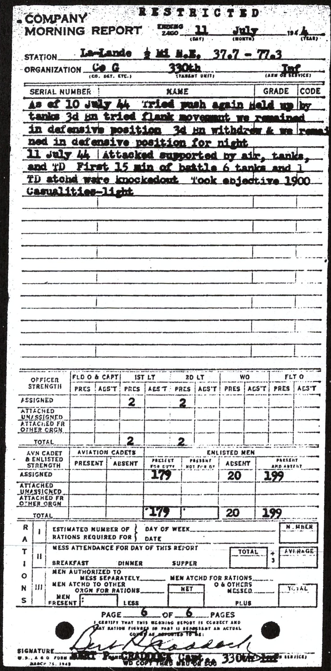 Morning report G Co, 1944-07-11, page 6 Morning report