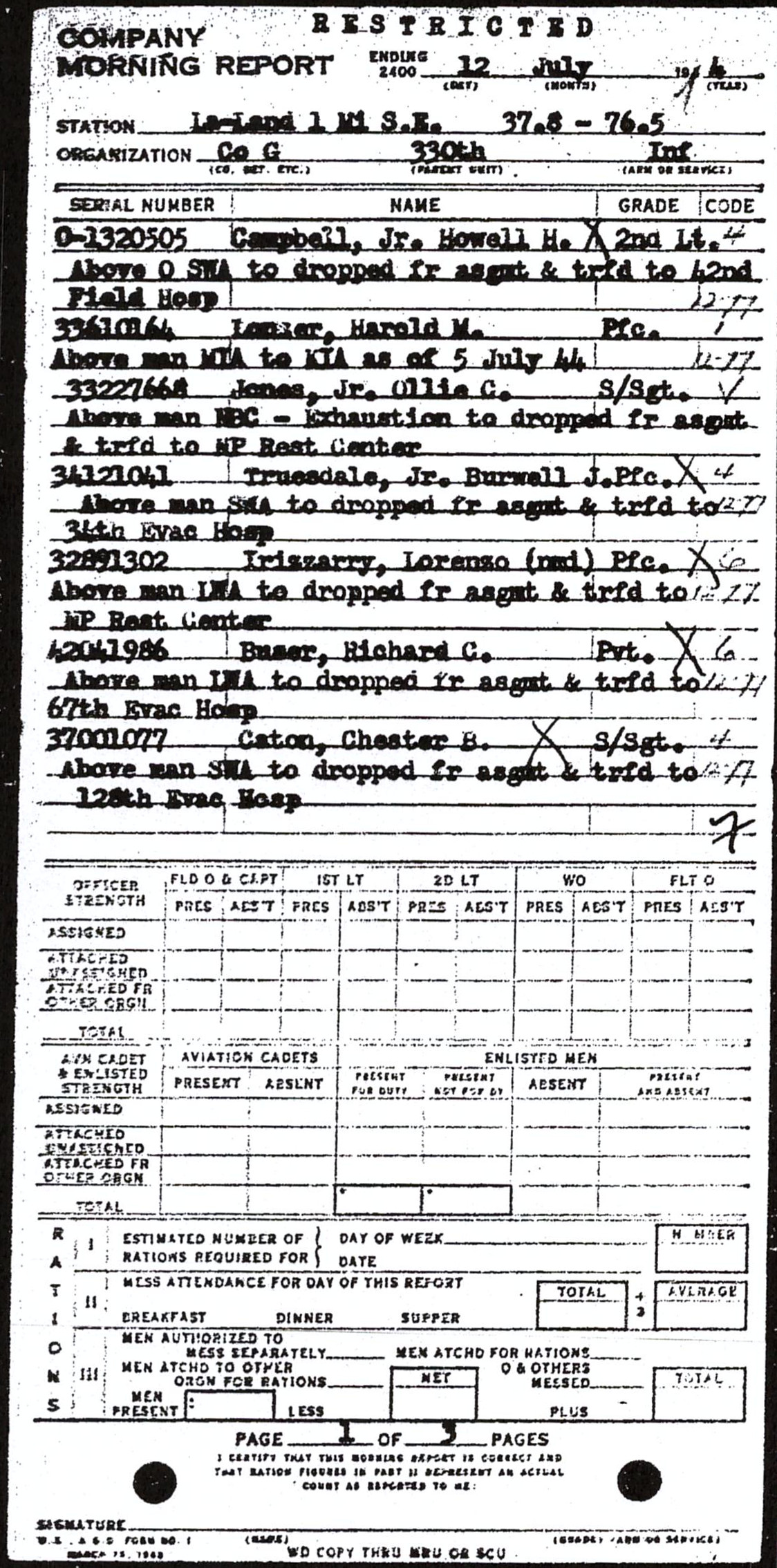 Morning report G Co, 1944-07-12, page 1 Morning report