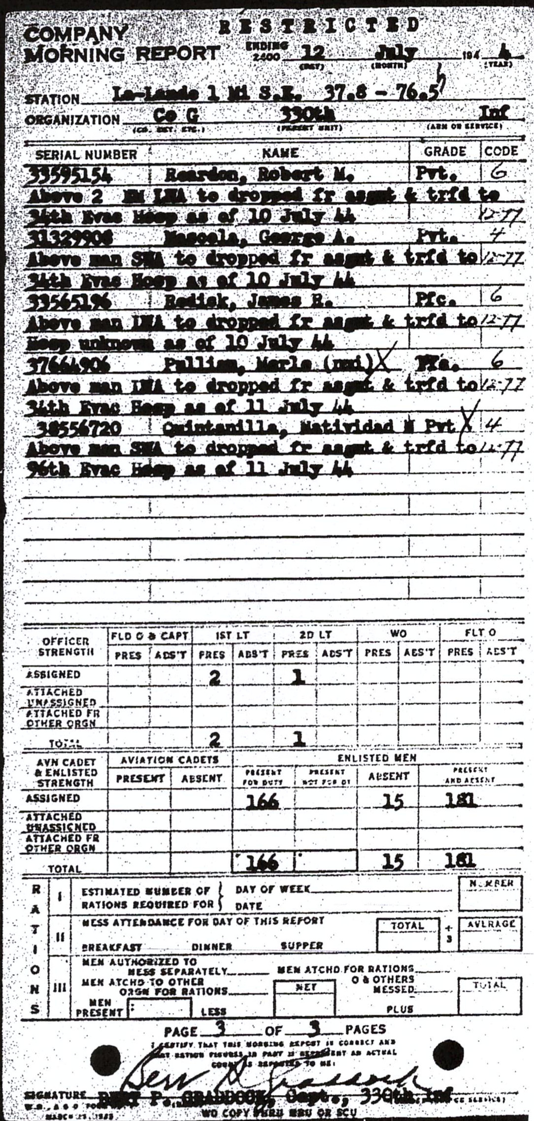 Morning report G Co, 1944-07-12, page 3 Morning report