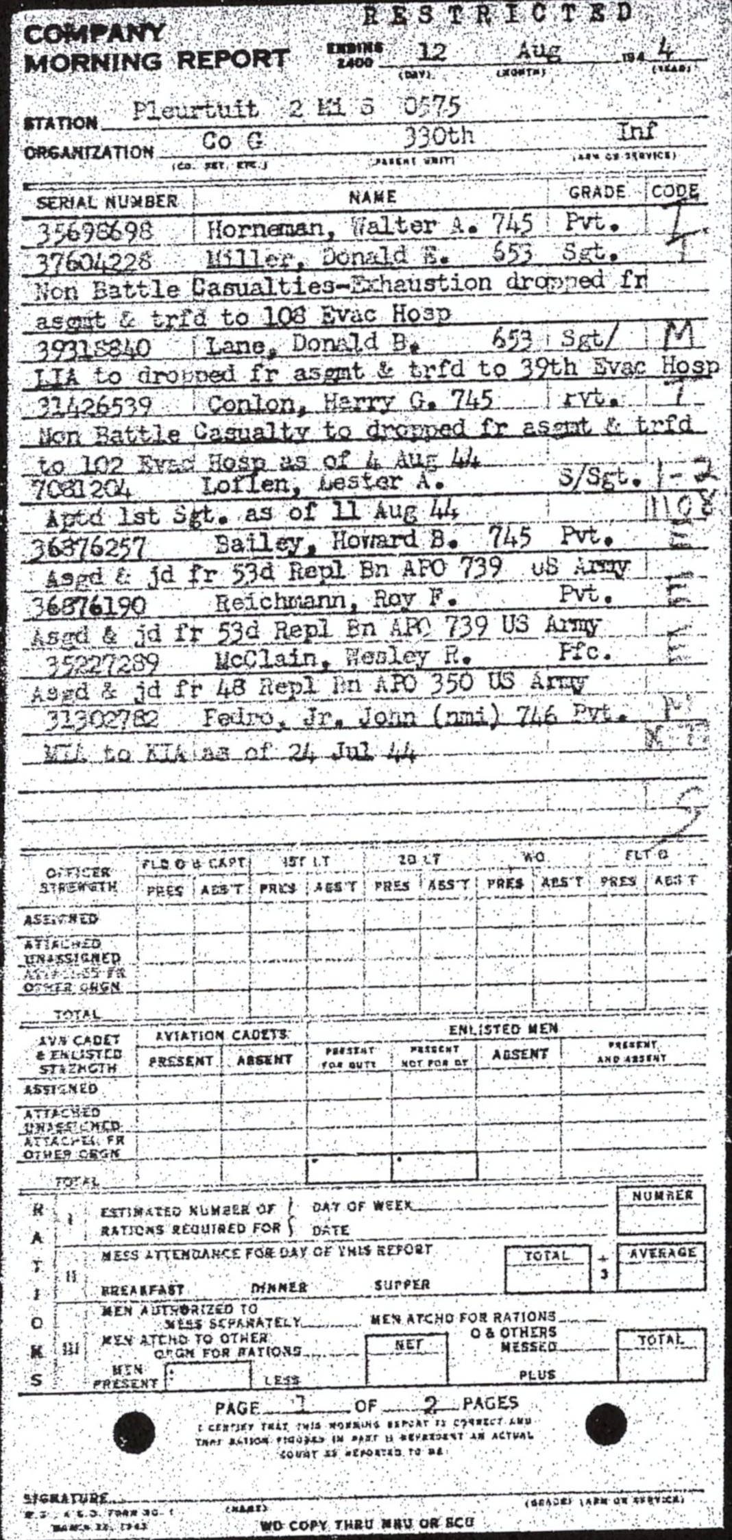 Morning report G Co, 1944-08-12, page 1 Morning report