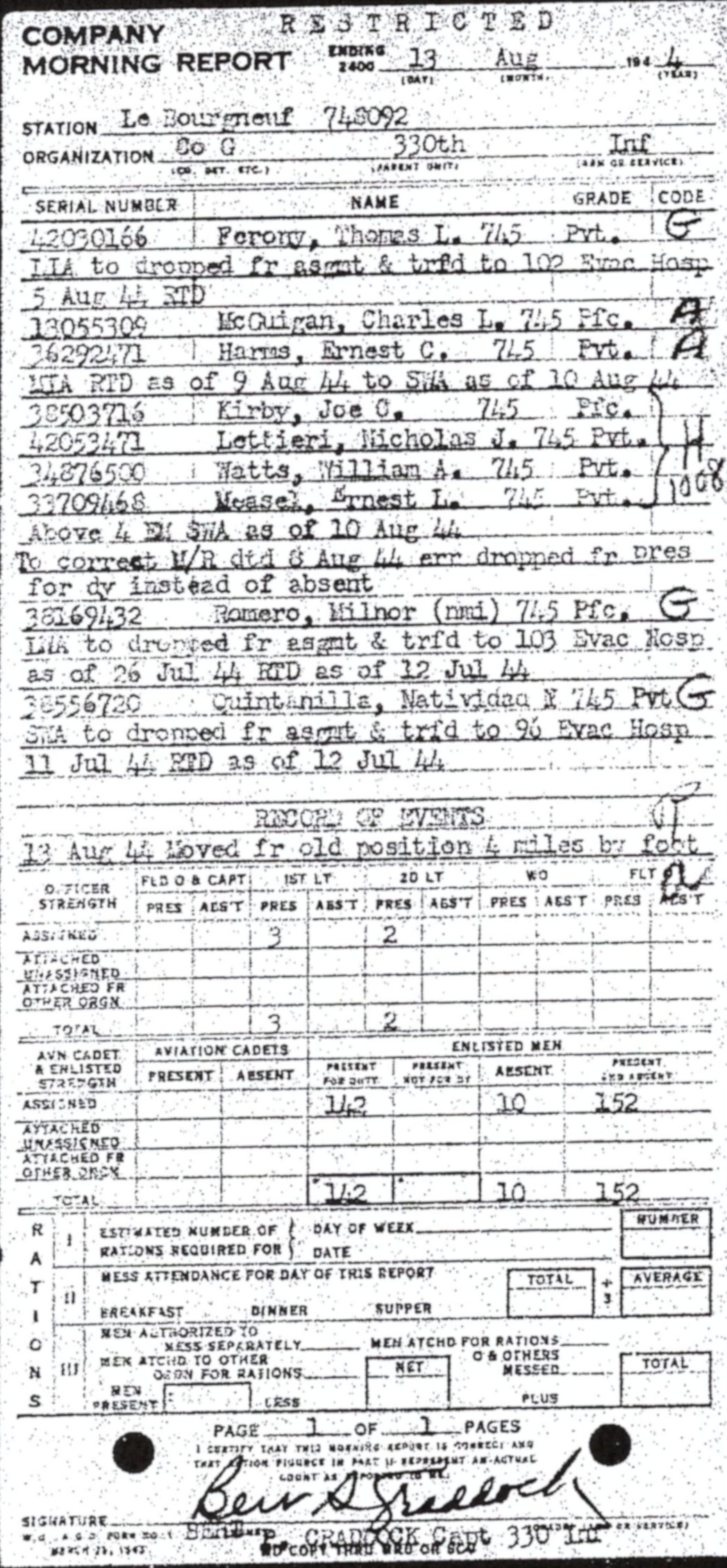 Morning report G Co, 1944-08-13, page 1 Morning report