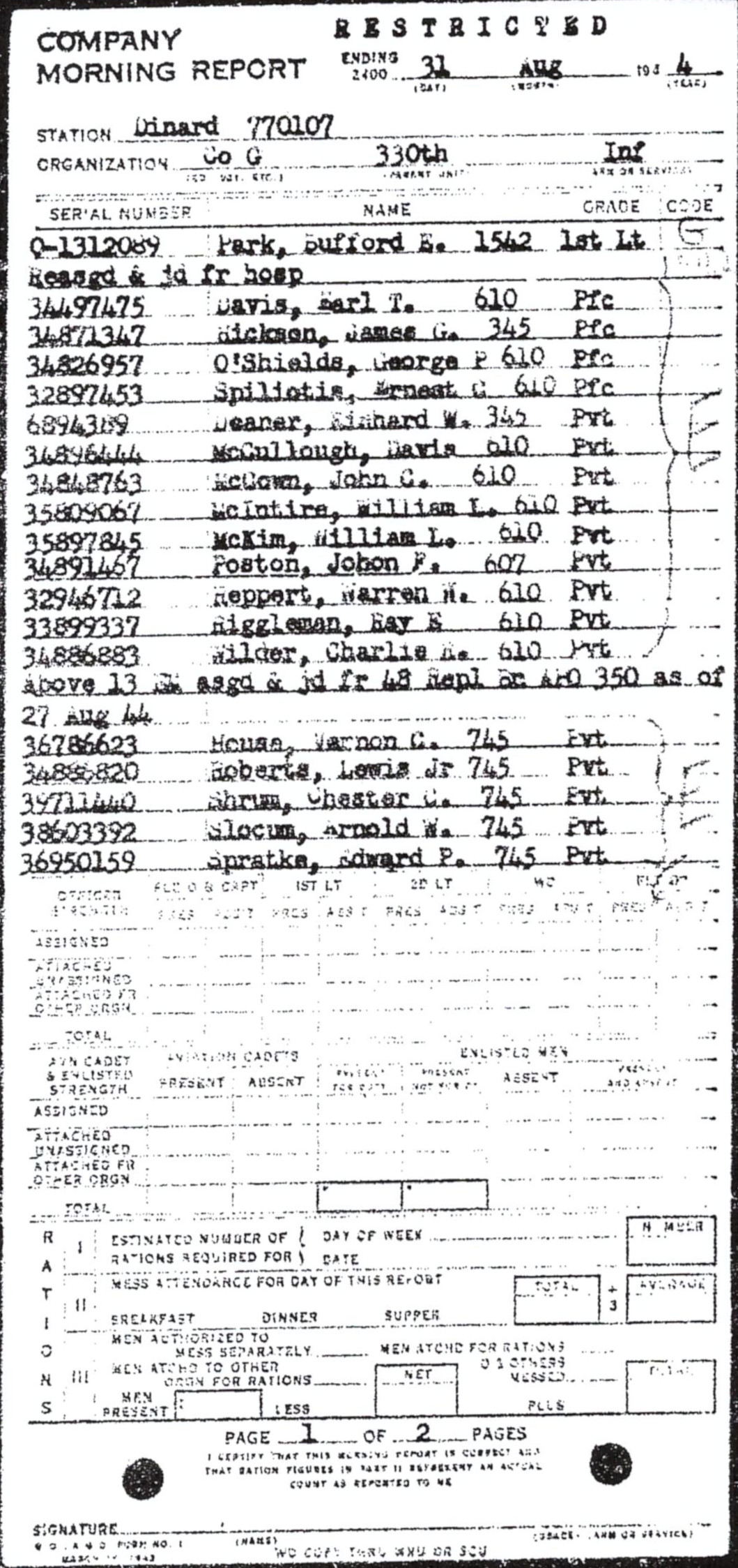 Morning report G Co, 1944-08-31, page 1 Morning report