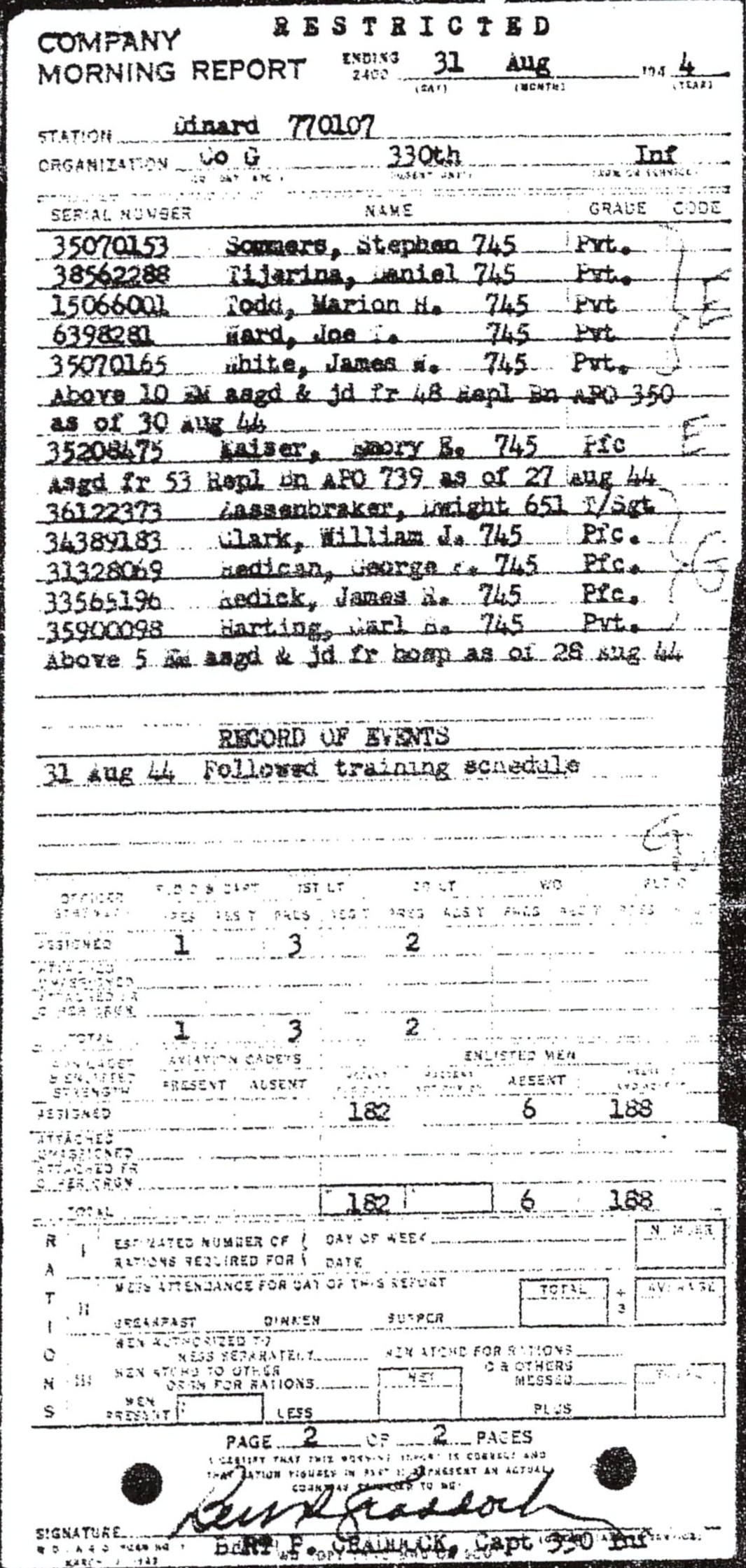 Morning report G Co, 1944-08-31, page 2 Morning report