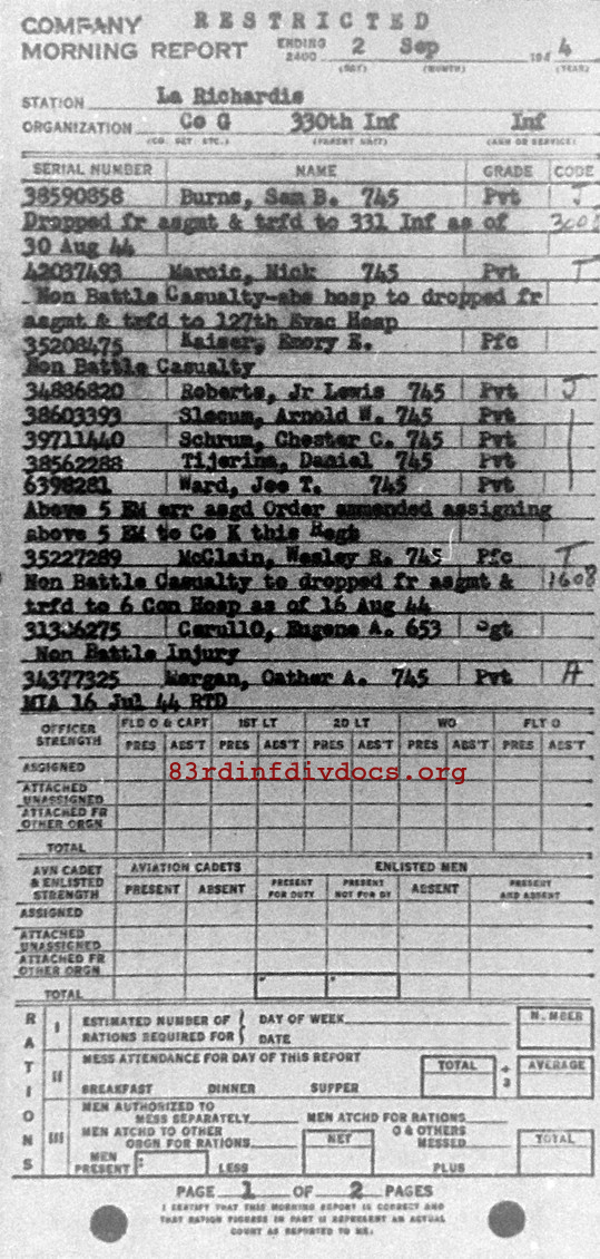 Morning report G Co, 1944-09-02, page 1 Morning report