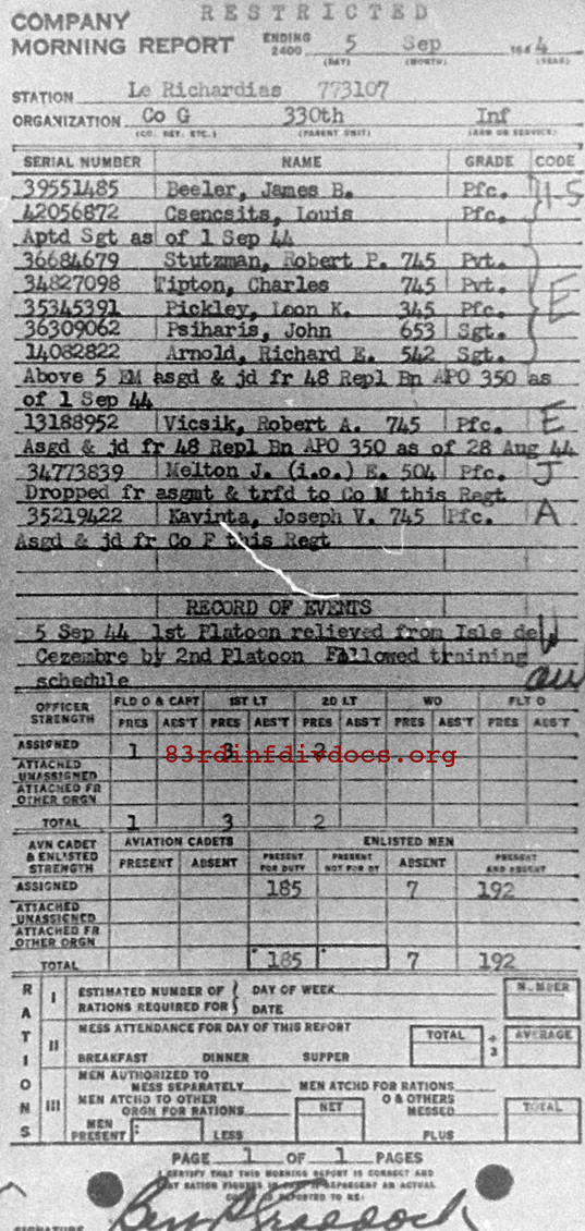 Morning report G Co, 1944-09-05, page 1 Morning report