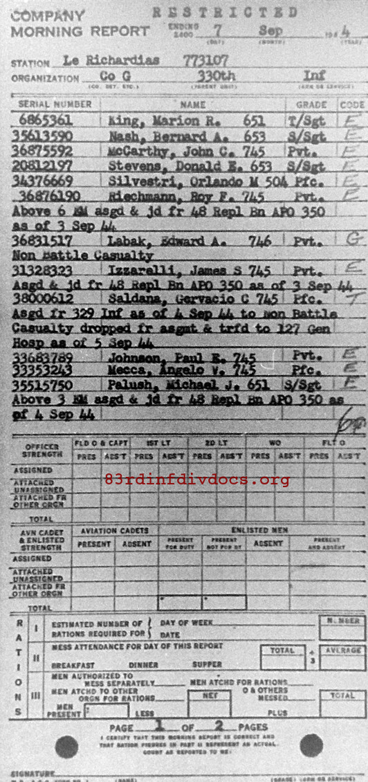 Morning report G Co, 1944-09-07, page 1 Morning report