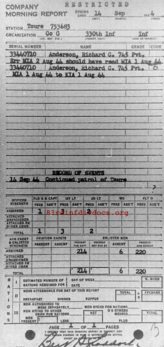 Morning report G Co, 1944-09-14, page 1 Morning report