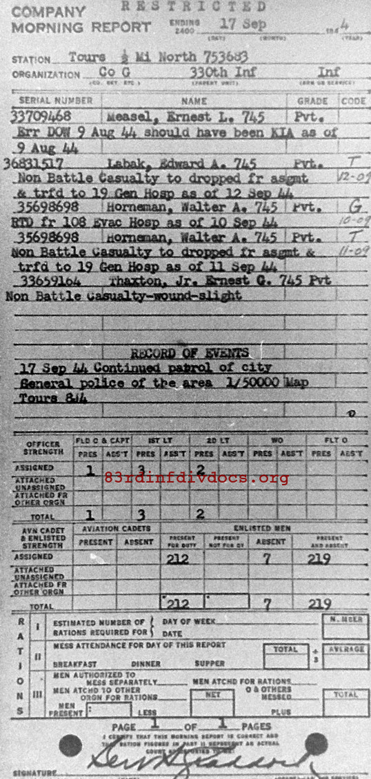 Morning report G Co, 1944-09-17, page 1 Morning report