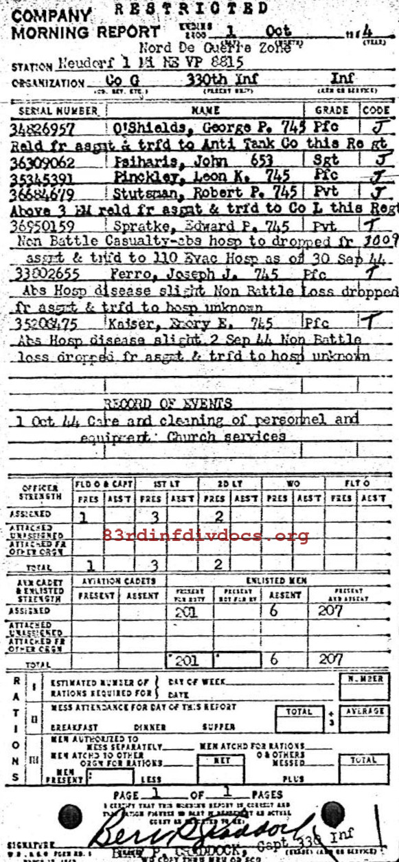 Morning report G Co, 1944-10-01, page 1 Morning report
