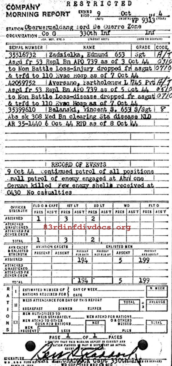 Morning report G Co, 1944-10-09, page 1 Morning report