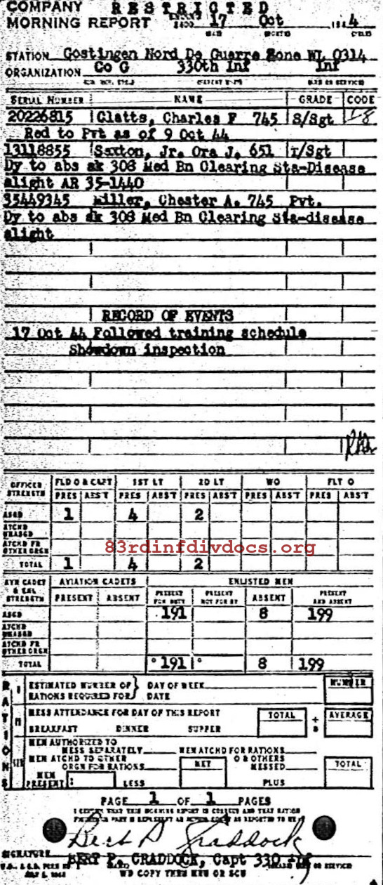 Morning report G Co, 1944-10-17, page 1 Morning report