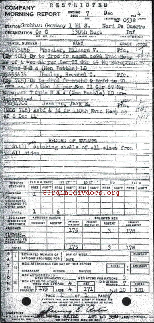 Morning report G Co, 1944-12-07, page 1 Morning report