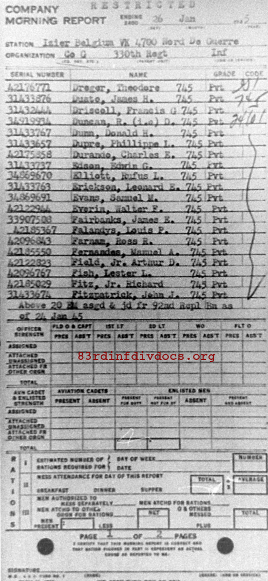 Morning report G Co, 1945-01-26, page 1 Morning report