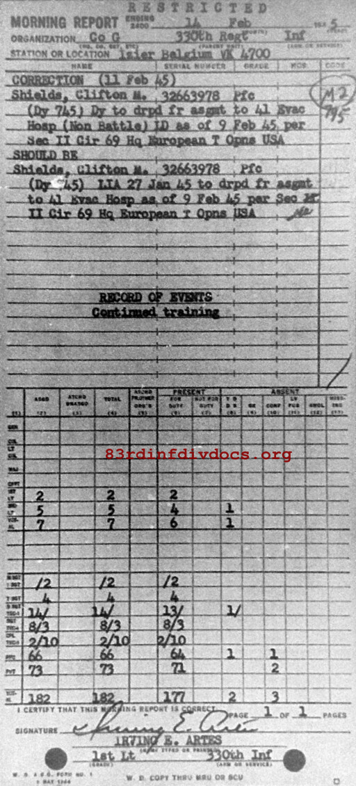 Morning report G Co, 1945-02-14, page 1 Morning report
