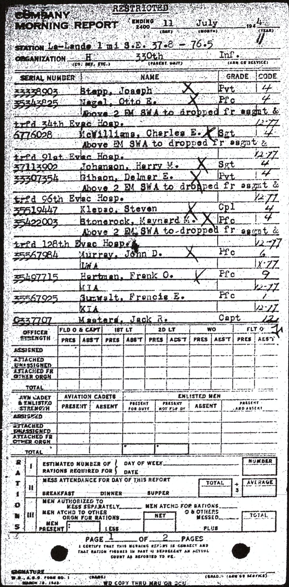 Morning report H Co, 1944-07-11, page 1 Morning report