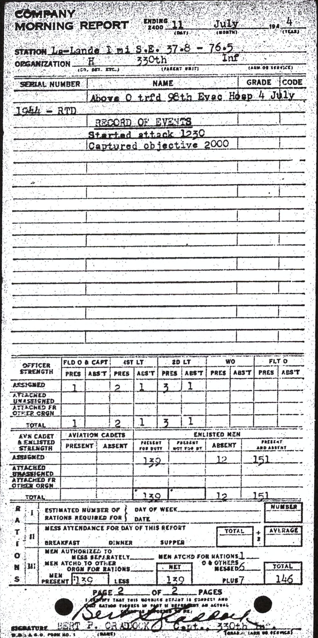 Morning report H Co, 1944-07-11, page 2 Morning report
