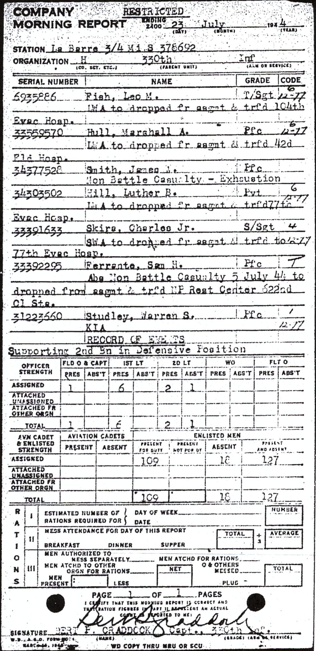 Morning report H Co, 1944-07-23, page 1 Morning report