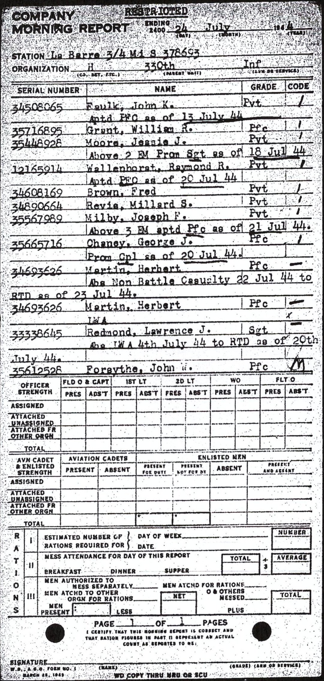 Morning report H Co, 1944-07-24, page 1 Morning report
