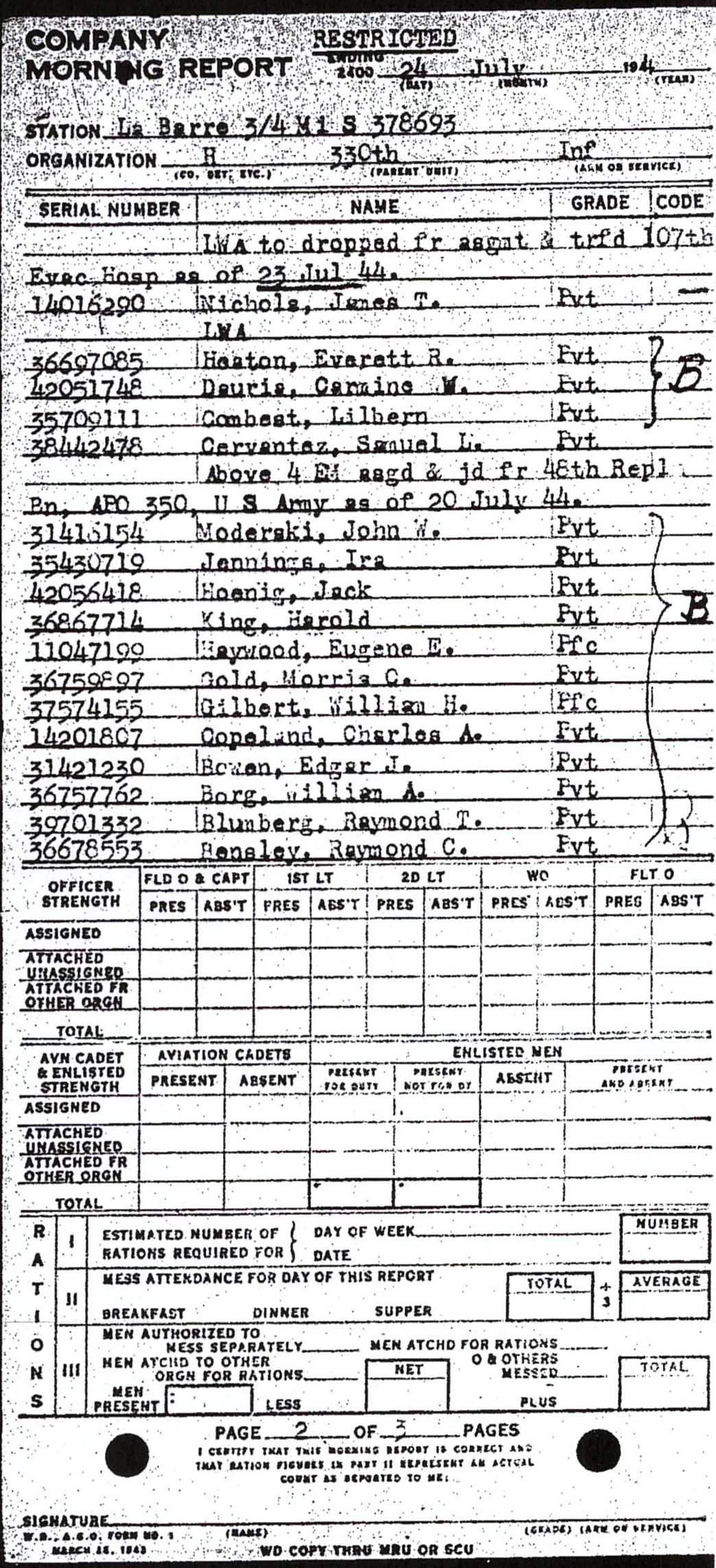 Morning report H Co, 1944-07-24, page 2 Morning report