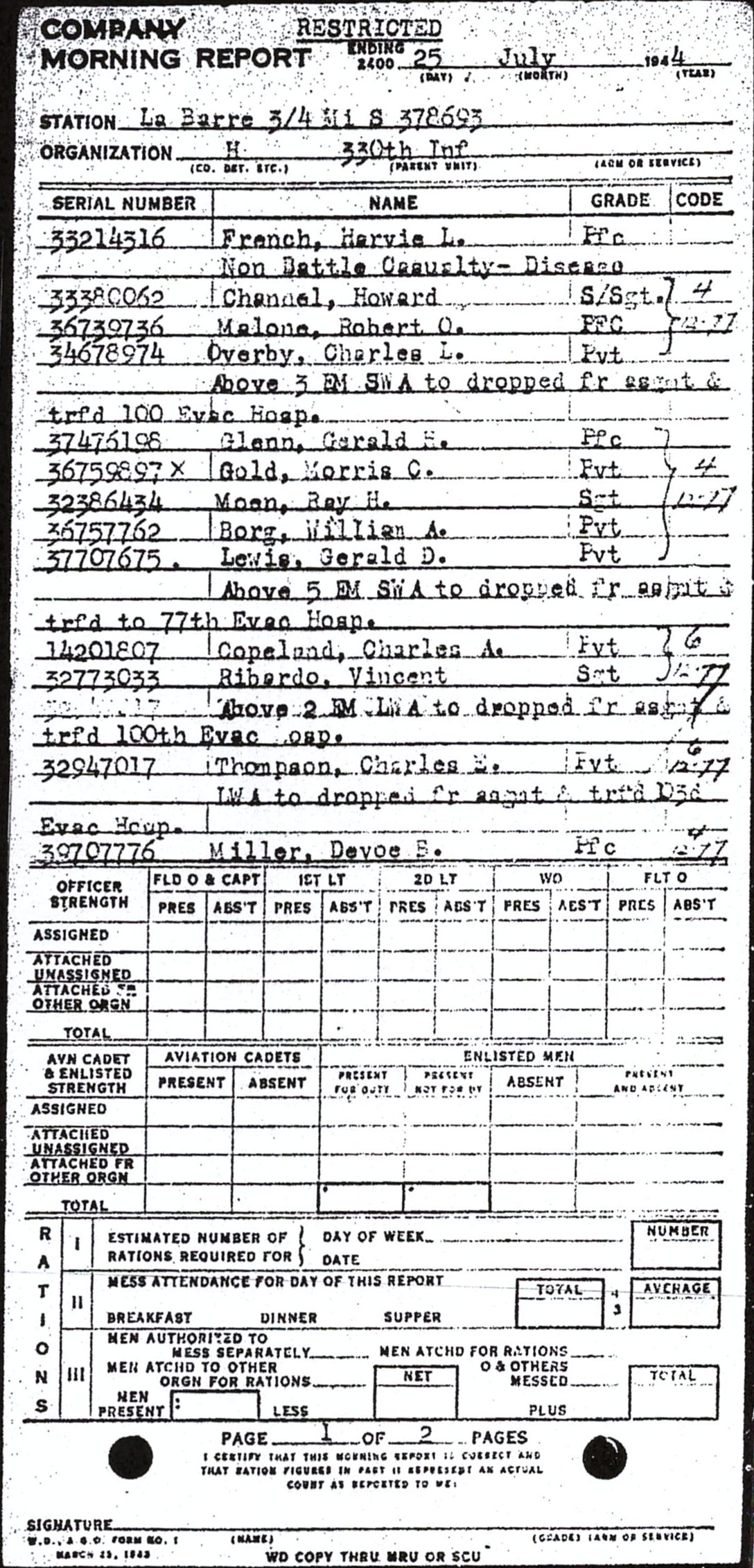 Morning report H Co, 1944-07-25, page 1 Morning report