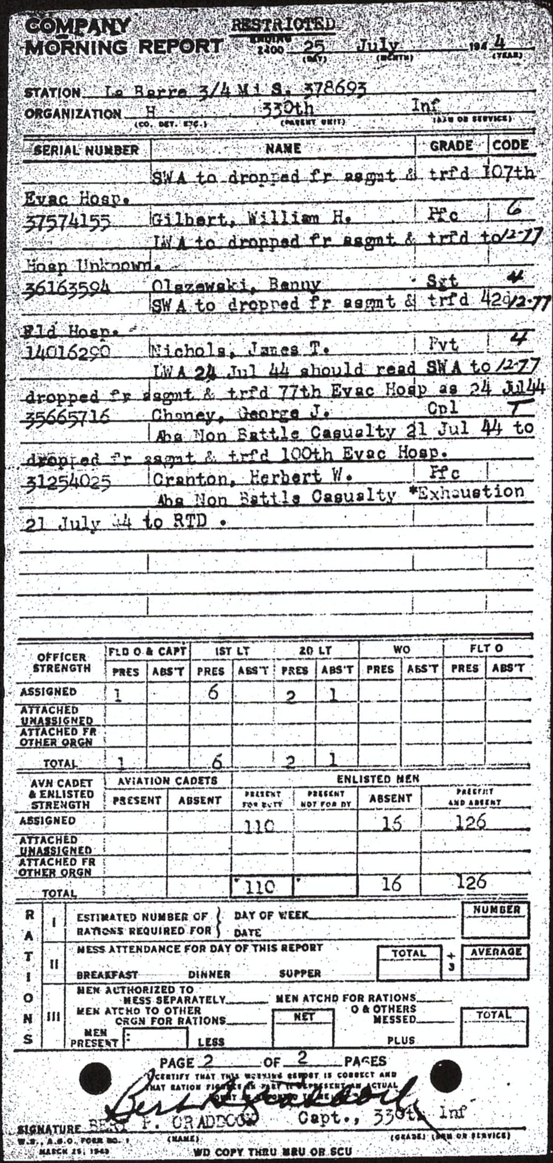 Morning report H Co, 1944-07-25, page 2 Morning report