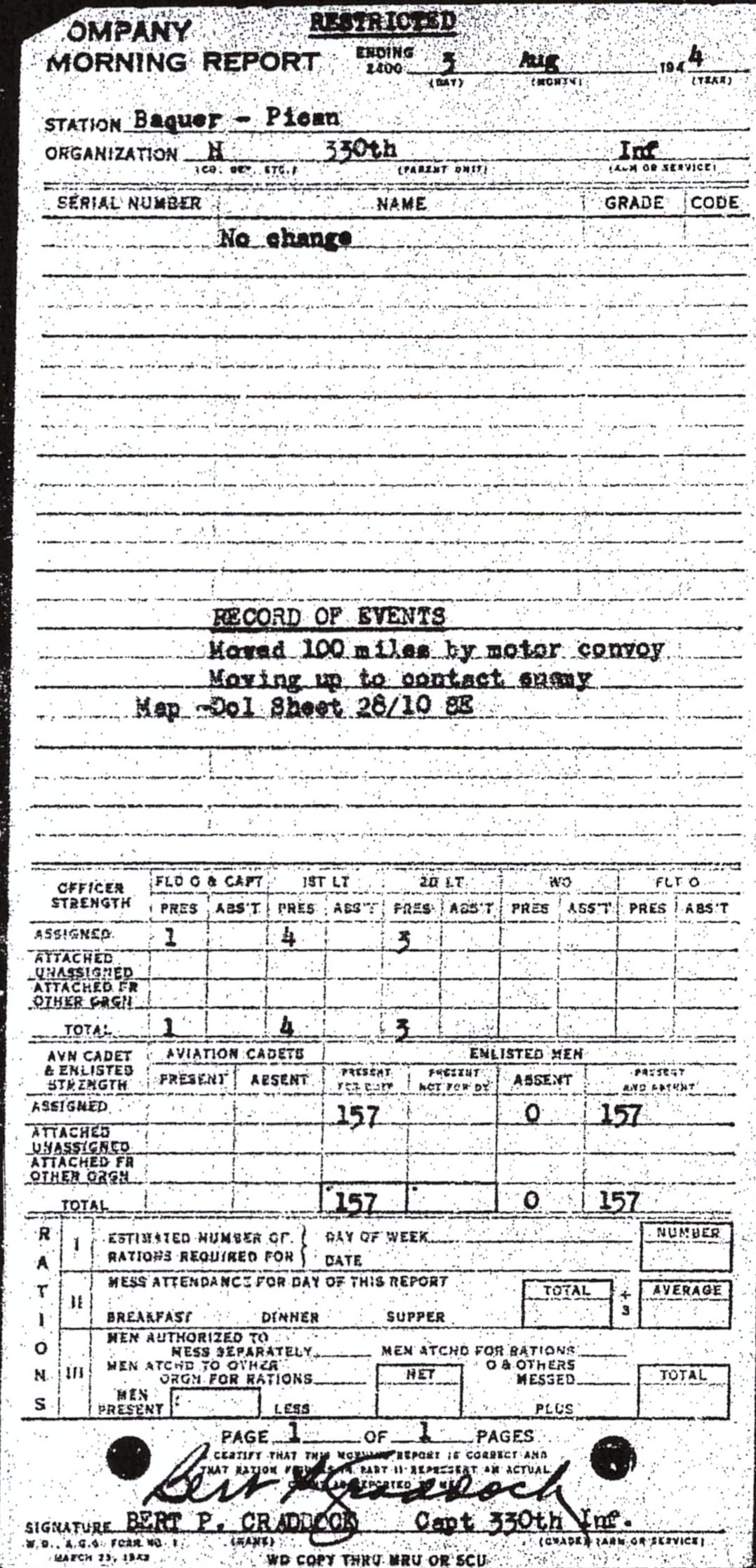 Morning report H Co, 1944-08-03, page 1 Morning report