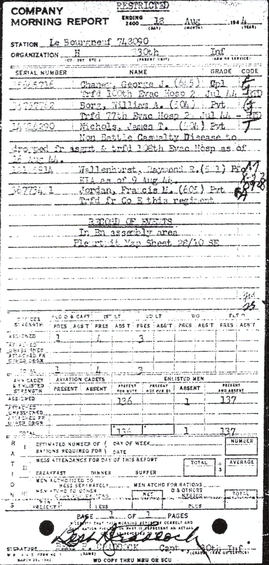 Morning report H Co, 1944-08-18, page 1 Morning report