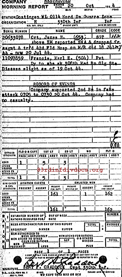 Morning report H Co, 1944-10-20, page 1 Morning report