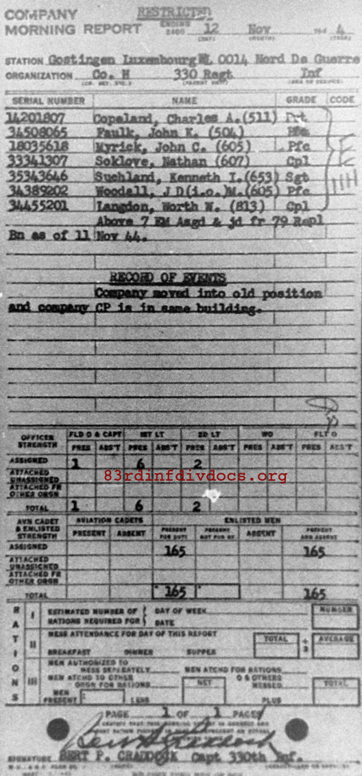 Morning report H Co, 1944-11-12, page 1 Morning report