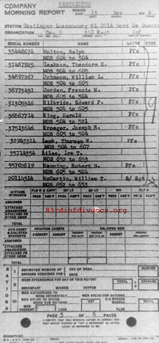 Morning report H Co, 1944-11-13, page 3 Morning report