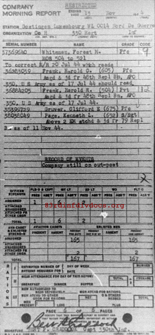 Morning report H Co, 1944-11-13, page 6 Morning report