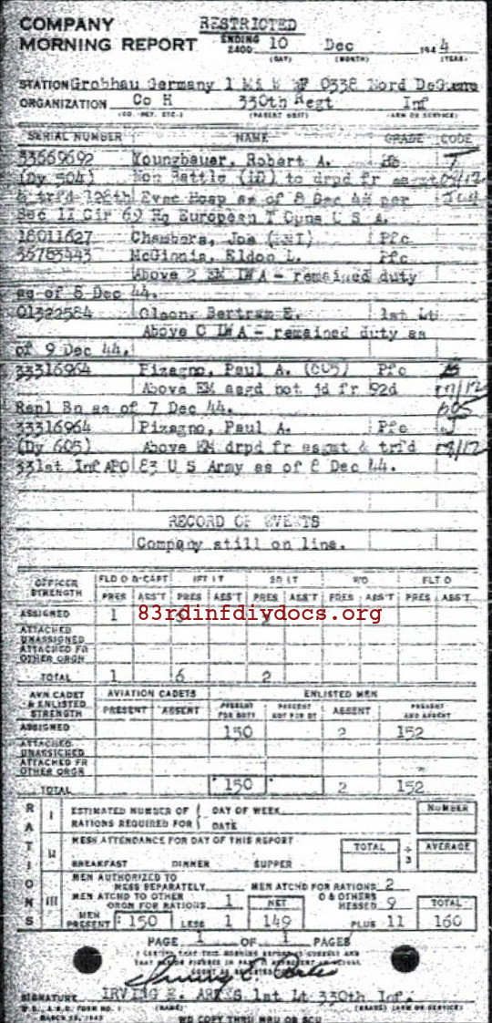 Morning report H Co, 1944-12-10, page 1 Morning report