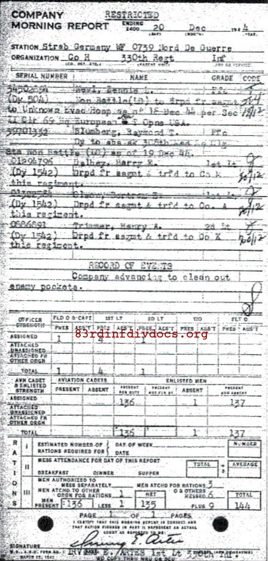 Morning report H Co, 1944-12-20, page 1 Morning report