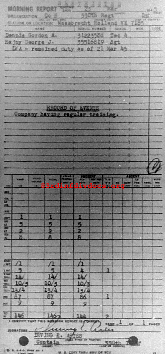 Morning report H Co, 1945-03-23, page 1 Morning report