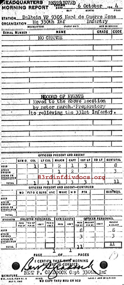 Morning report HQ Co, 1944-10-06, page 1 Morning report