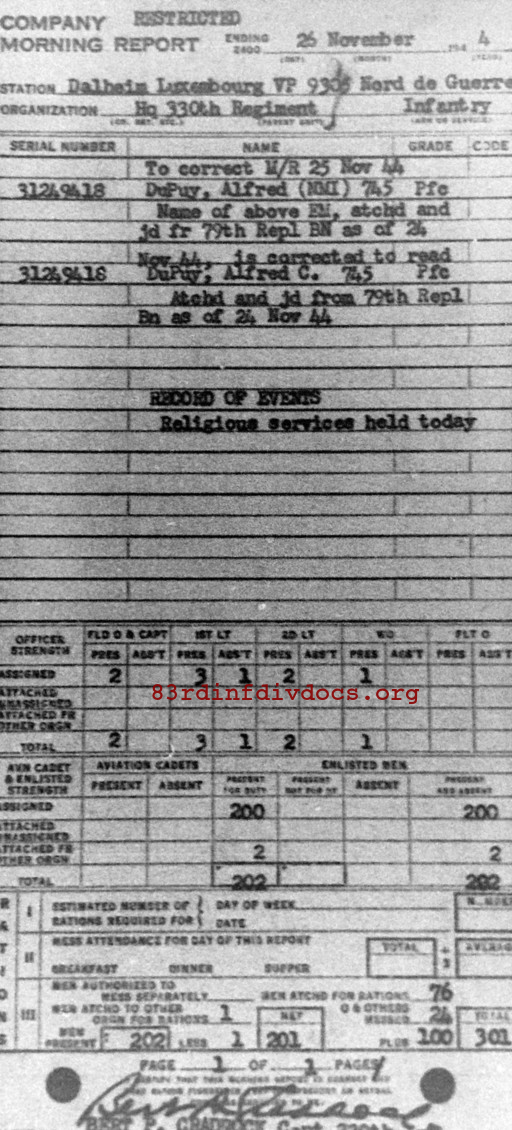 Morning report HQ Co, 1944-11-26, page 1 Morning report