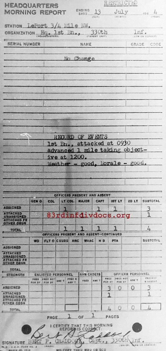 Morning report HQ1BN Co, 1944-07-13, page 1 Morning report