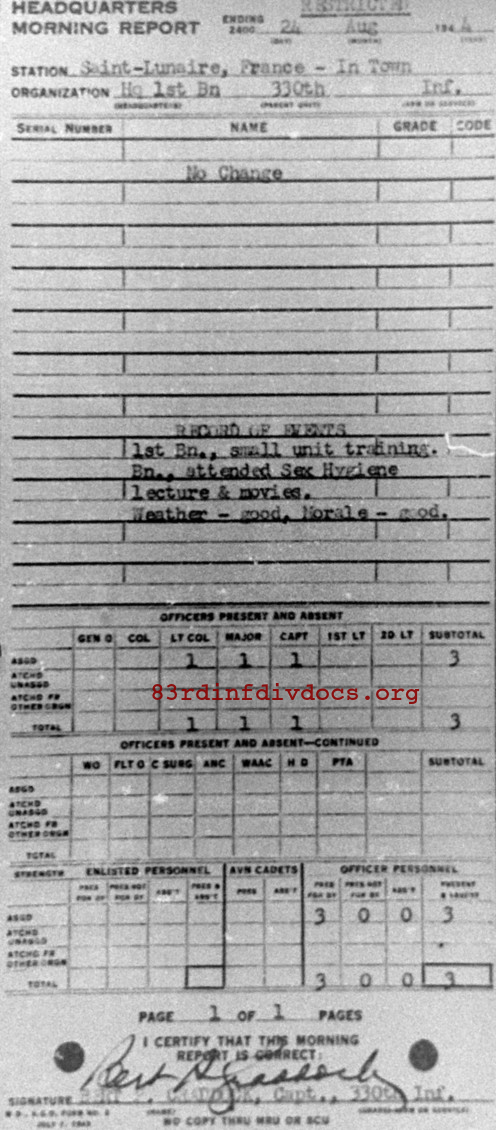 Morning report HQ1BN Co, 1944-08-24, page 1 Morning report