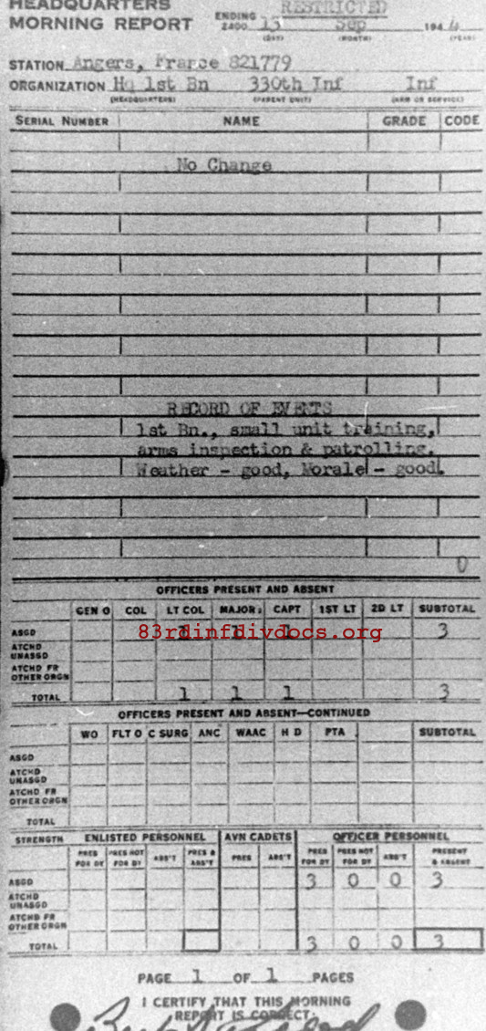 Morning report HQ1BN Co, 1944-09-13, page 1 Morning report