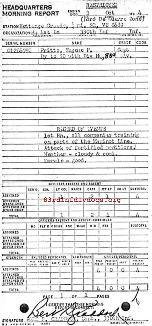 Morning report HQ1BN Co, 1944-10-03, page 1 Morning report