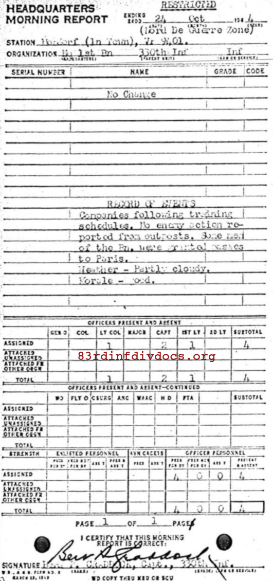 Morning report HQ1BN Co, 1944-10-24, page 1 Morning report